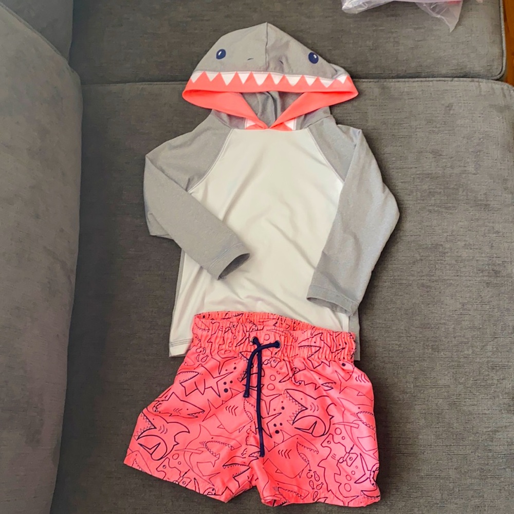Cat & Jack Shark Set Swim Trunks and Hooded Rash Guard Long Sleeve sz 18 months